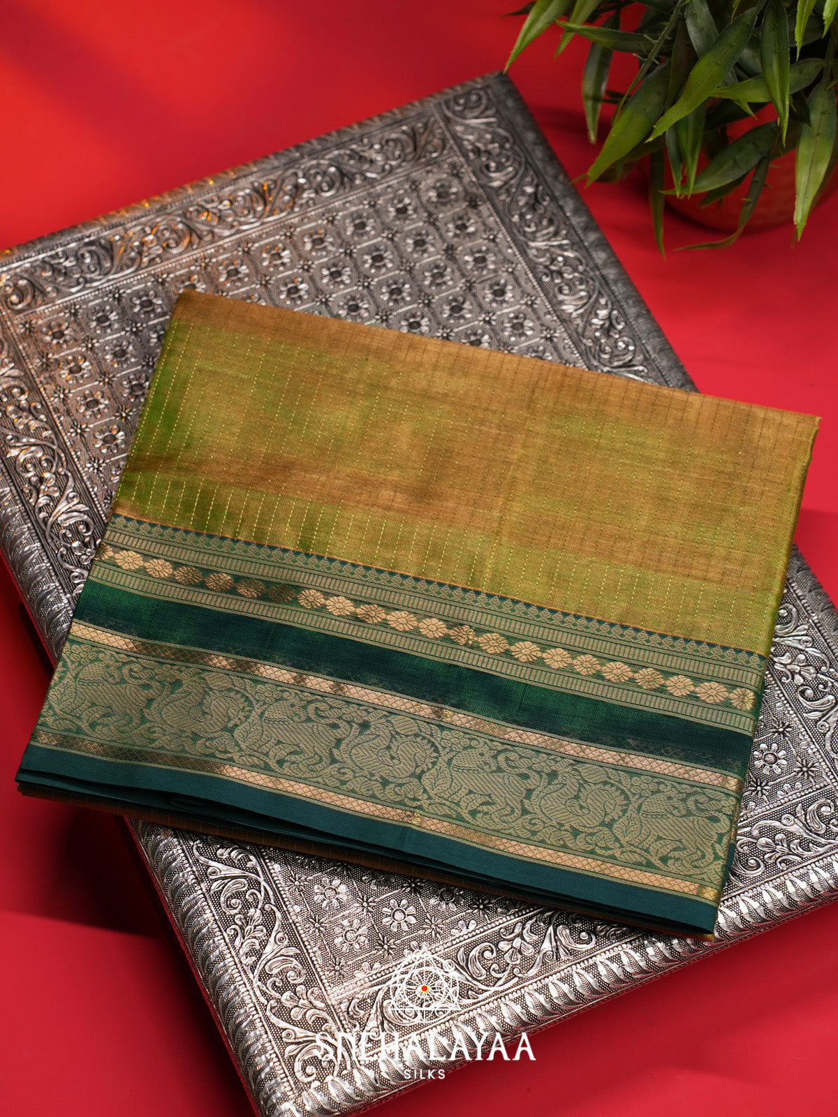 Antique Gold Checks Silk Cotton Saree with Gold Zari Border
