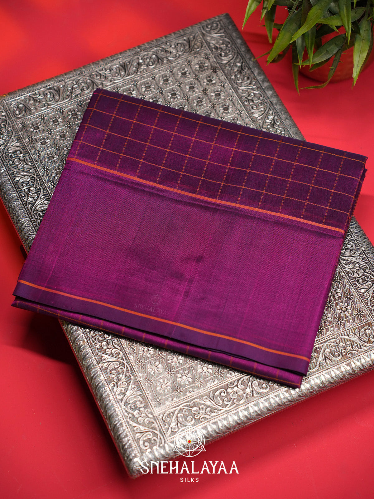 Purple Checks Silk Cotton Saree with Gold Zari Border