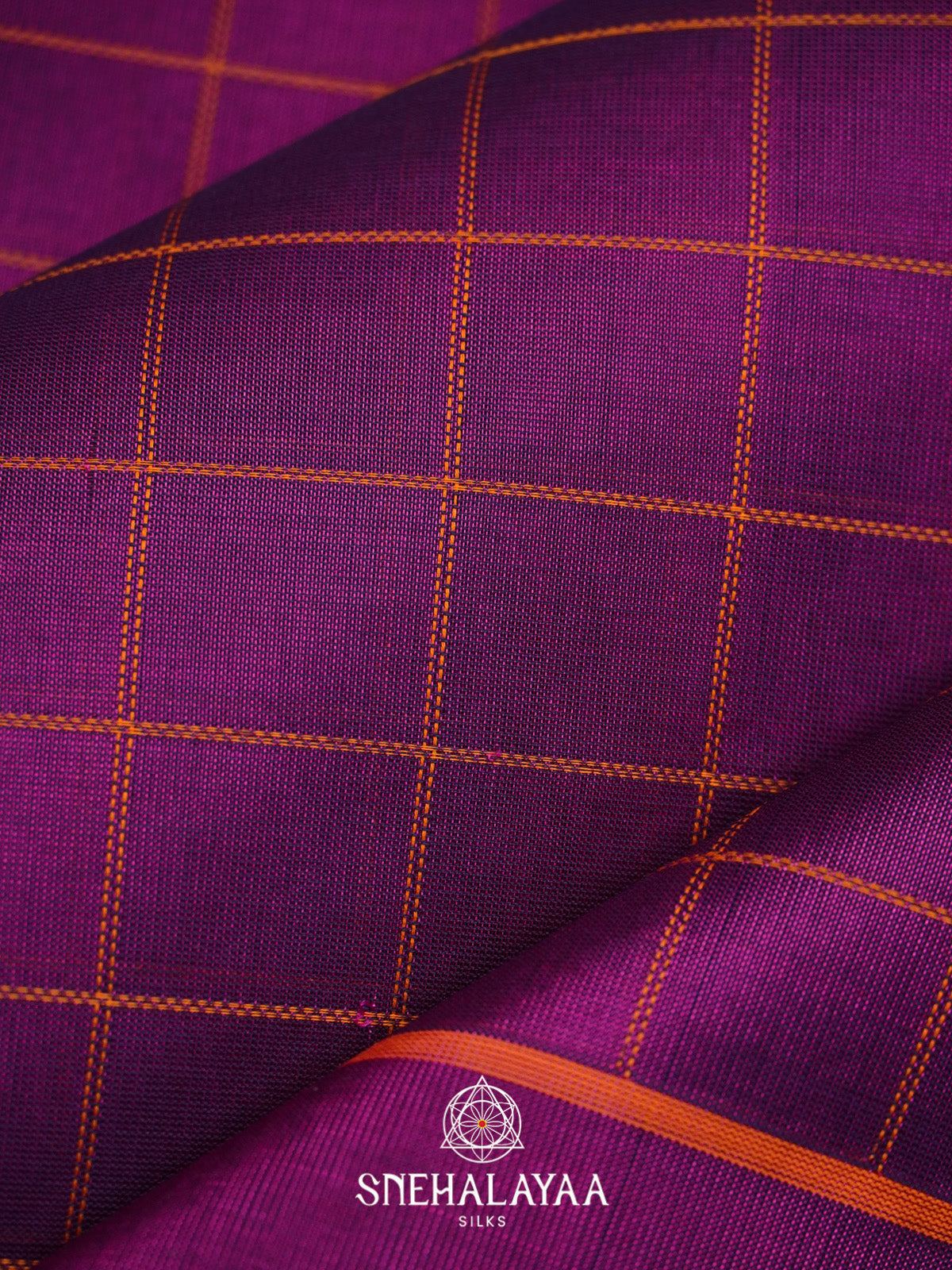 Purple Checks Silk Cotton Saree with Gold Zari Border