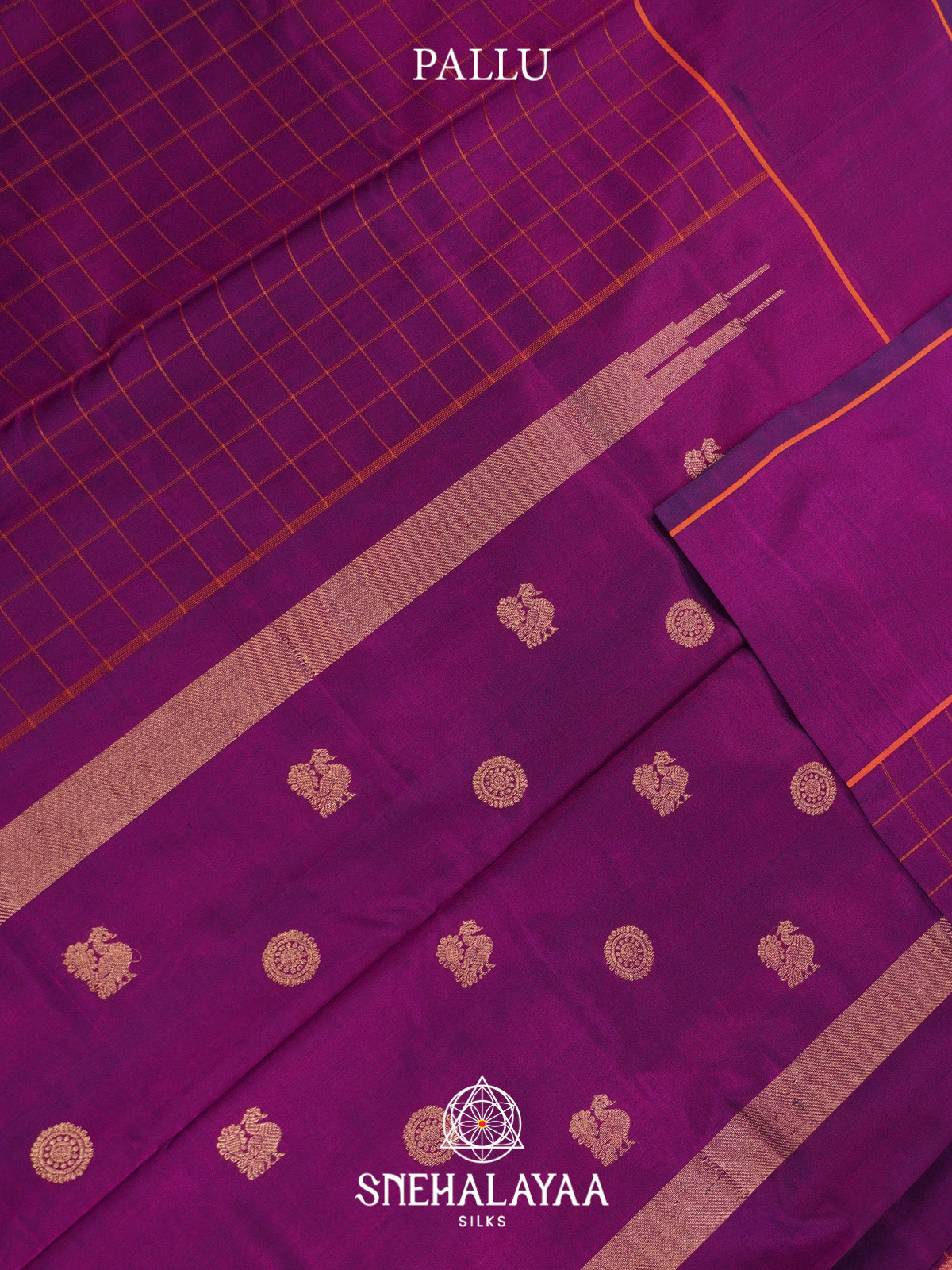 Purple Checks Silk Cotton Saree with Gold Zari Border