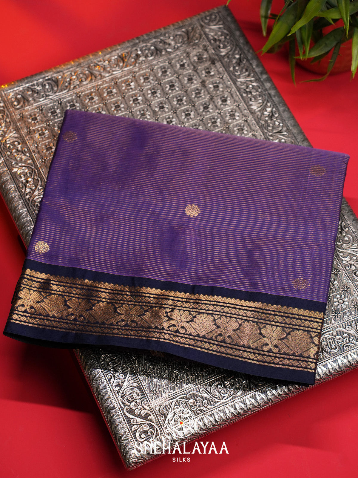 Purple Striped Silk Cotton Saree with Gold Zari Border