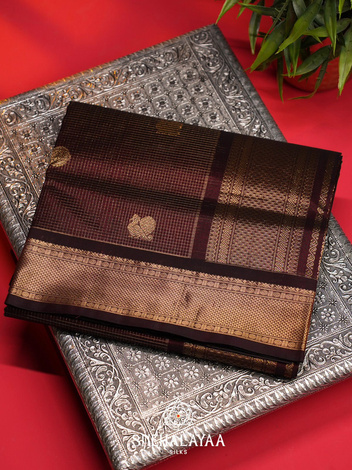Maroon Checks Silk Cotton Saree with Gold Zari Border