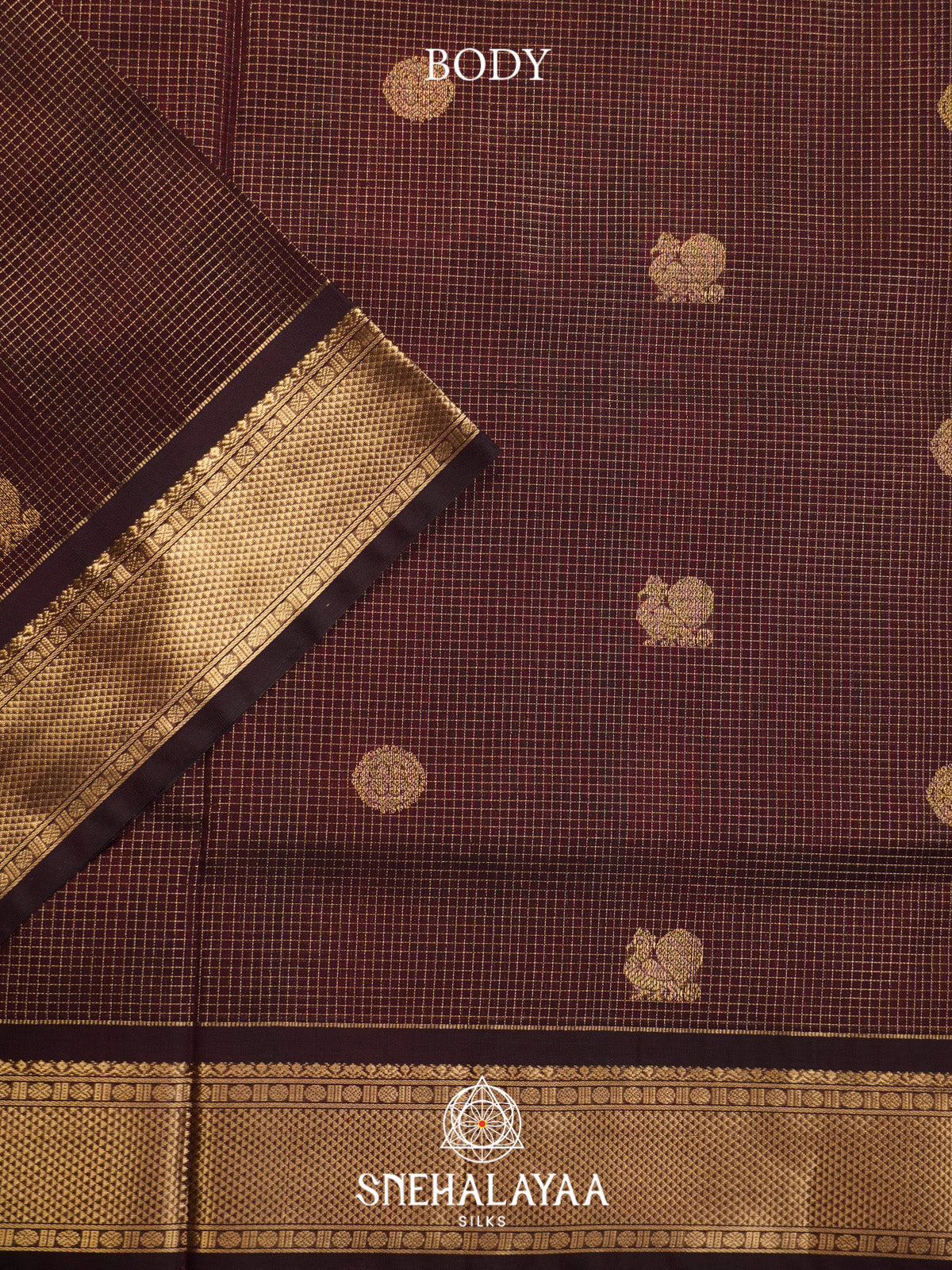Maroon Checks Silk Cotton Saree with Gold Zari Border