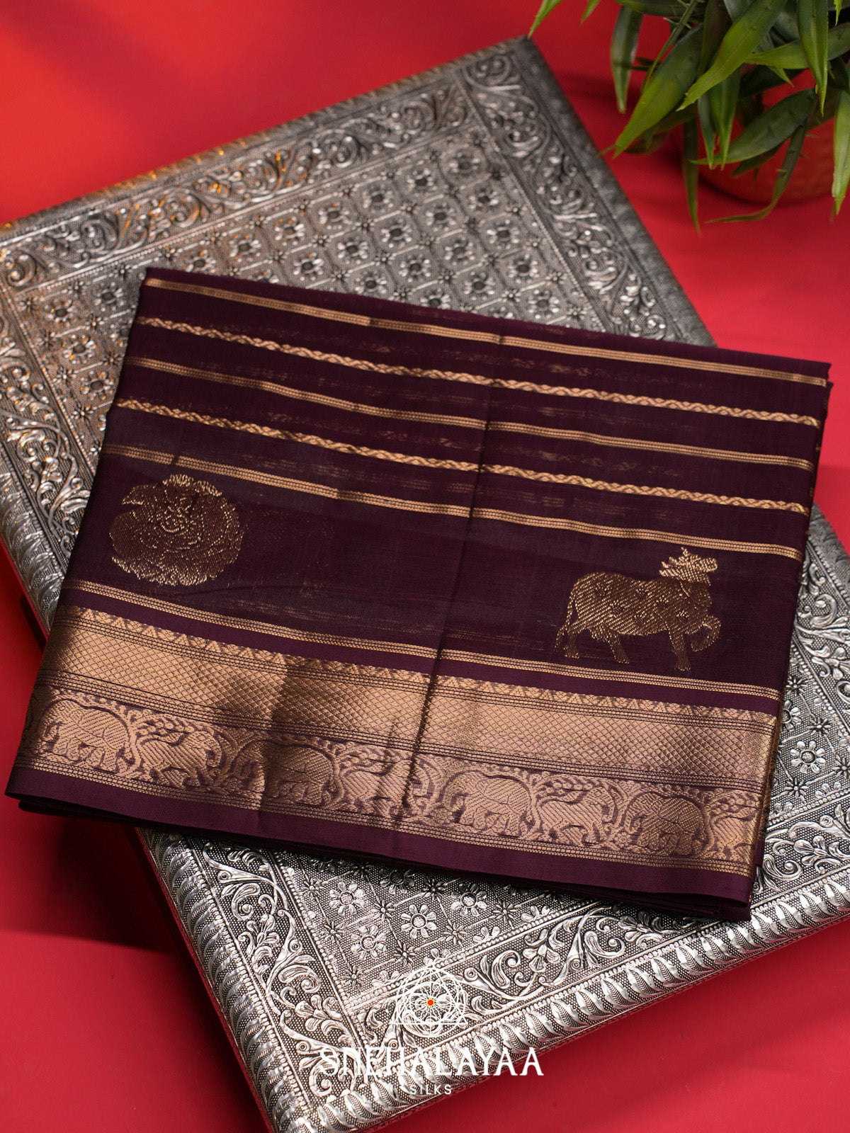 Burgundy Striped Silk Cotton Saree with Gold Zari Border