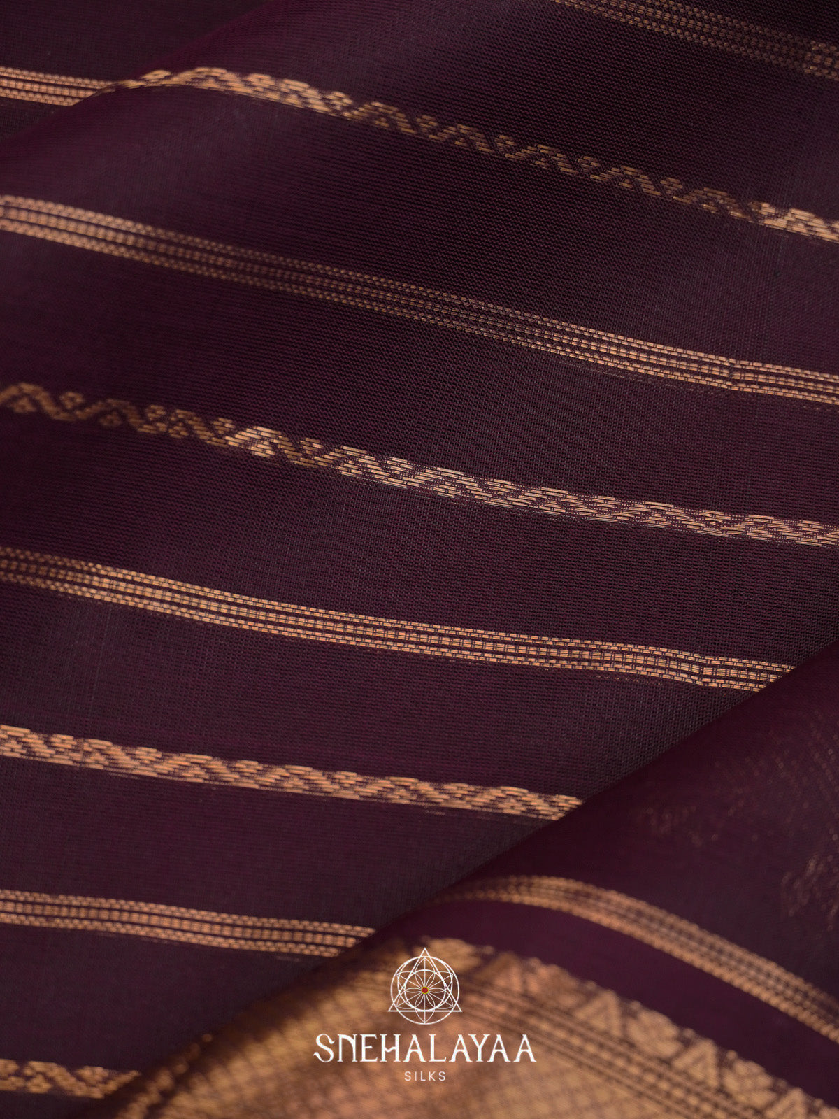 Burgundy Striped Silk Cotton Saree with Gold Zari Border