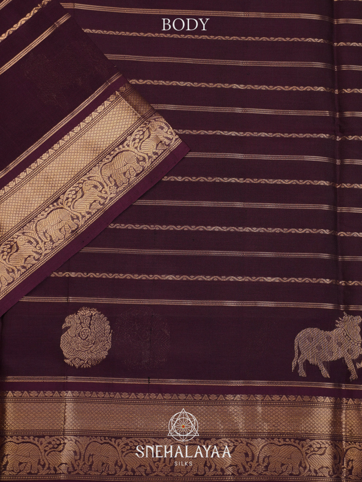 Burgundy Striped Silk Cotton Saree with Gold Zari Border