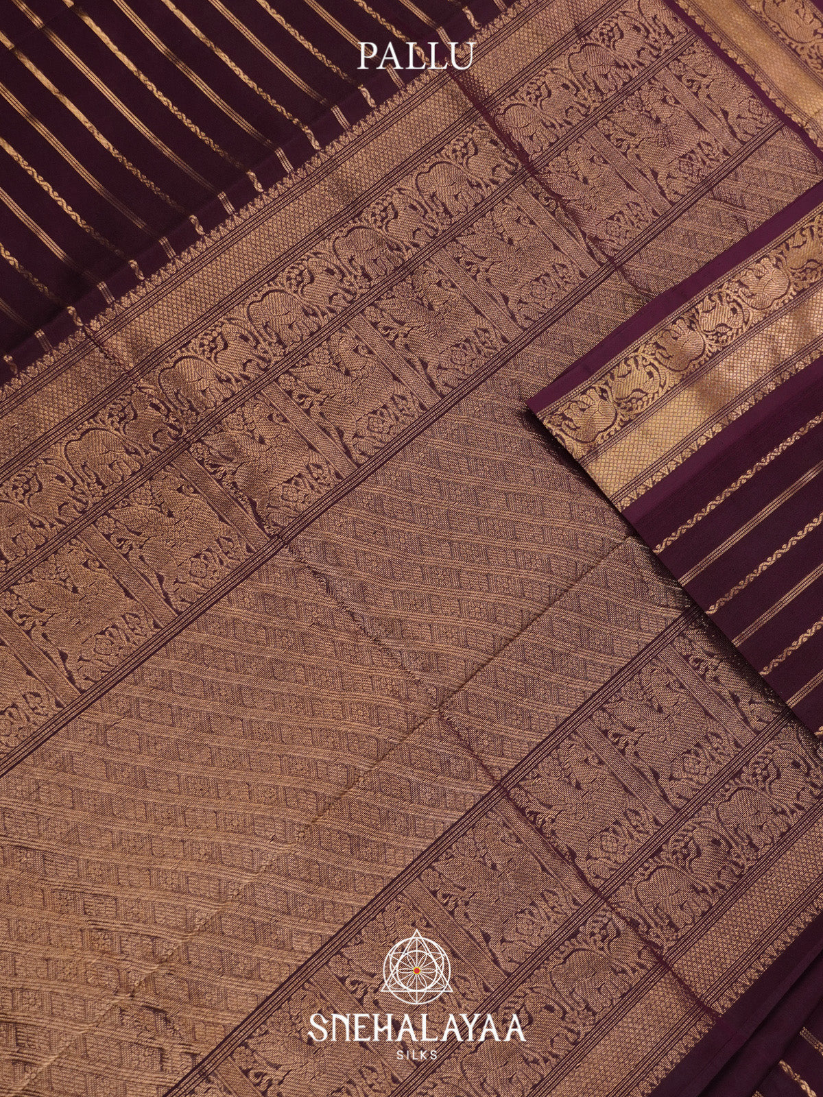 Burgundy Striped Silk Cotton Saree with Gold Zari Border