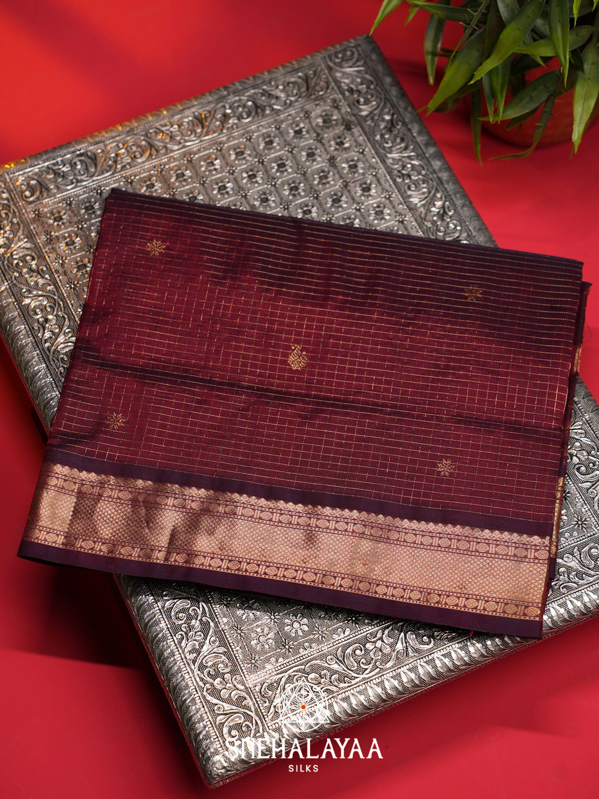 Wine Checks Silk Cotton Saree with Gold Zari Border