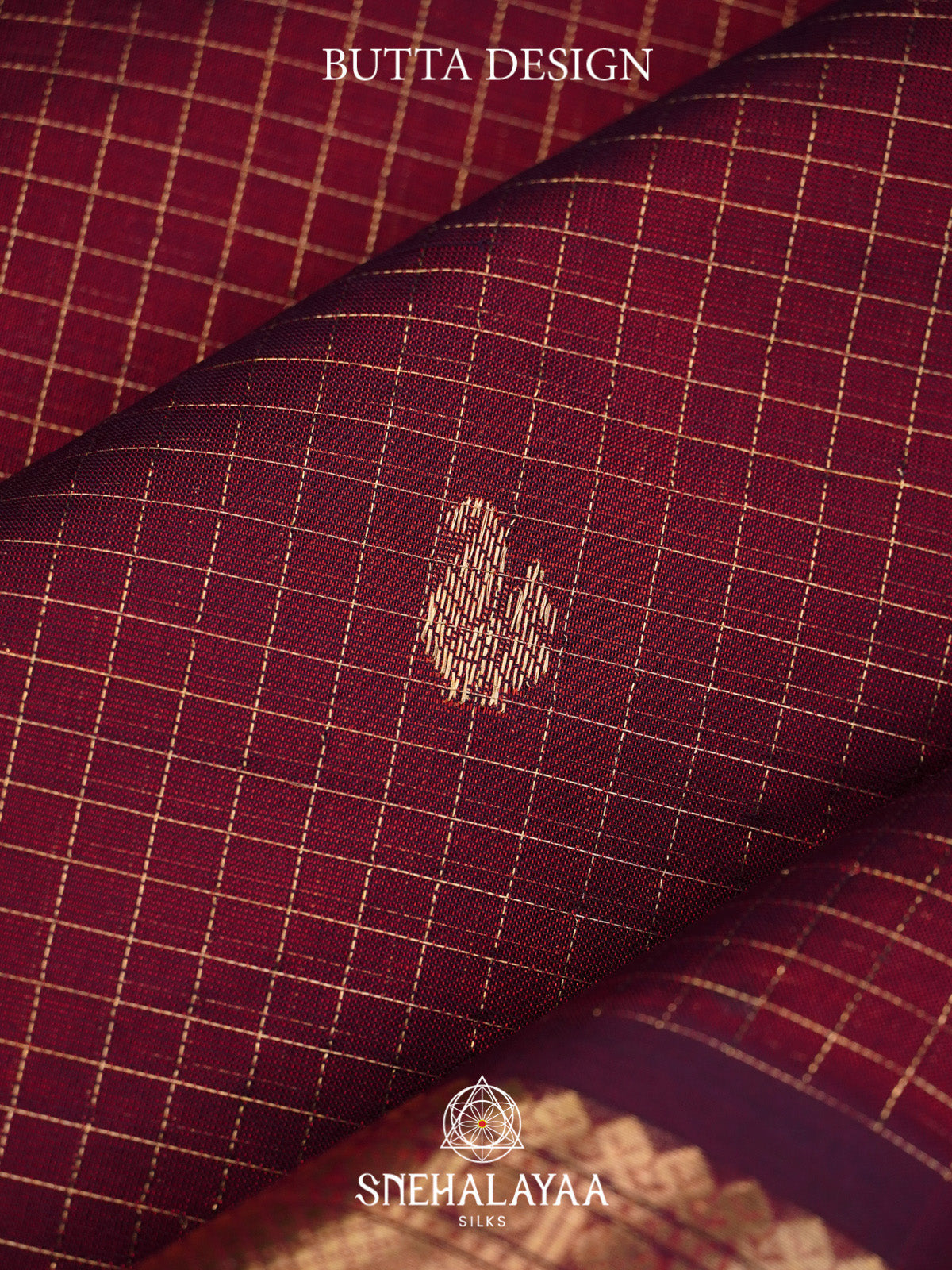 Wine Checks Silk Cotton Saree with Gold Zari Border