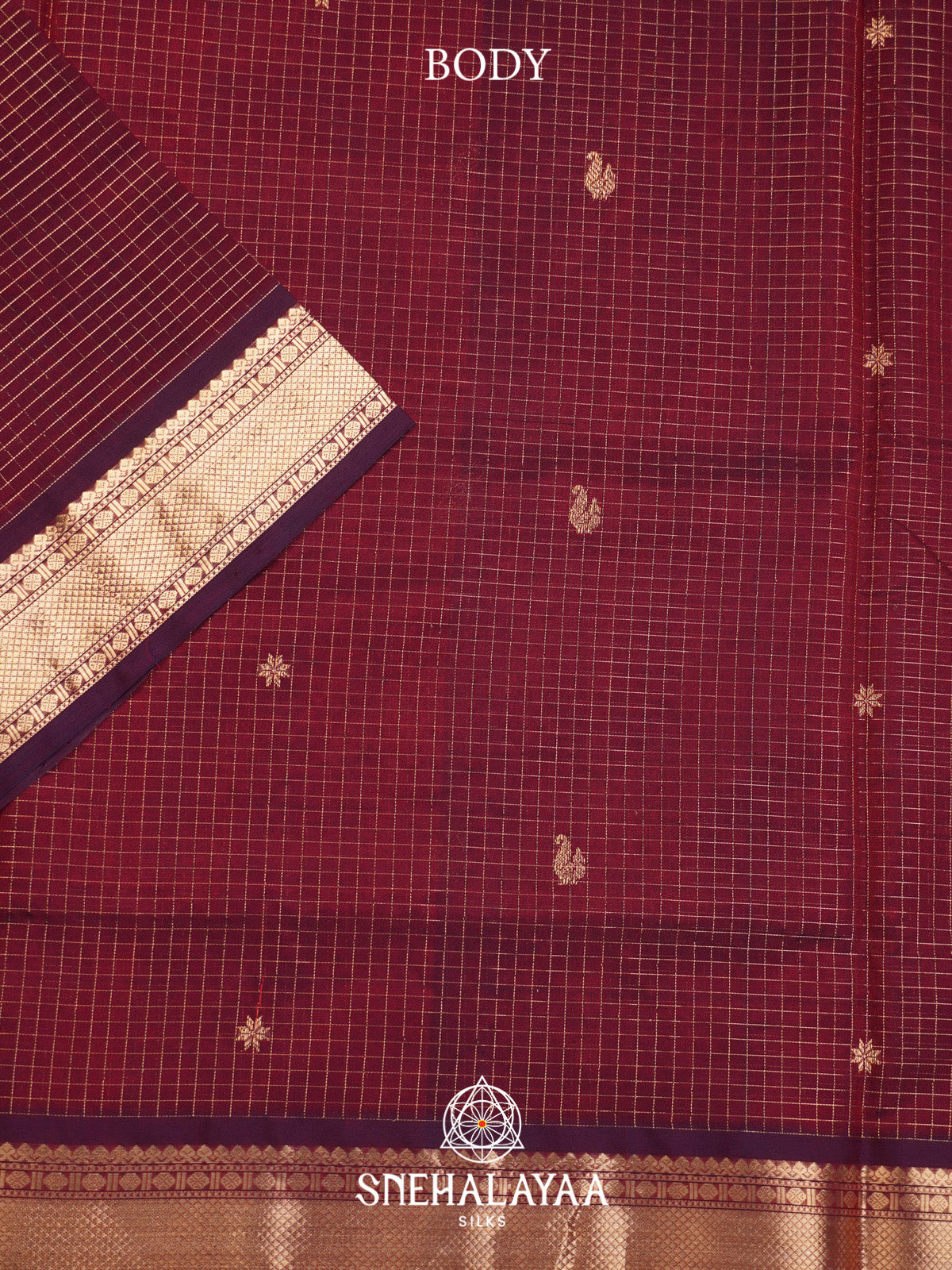 Wine Checks Silk Cotton Saree with Gold Zari Border