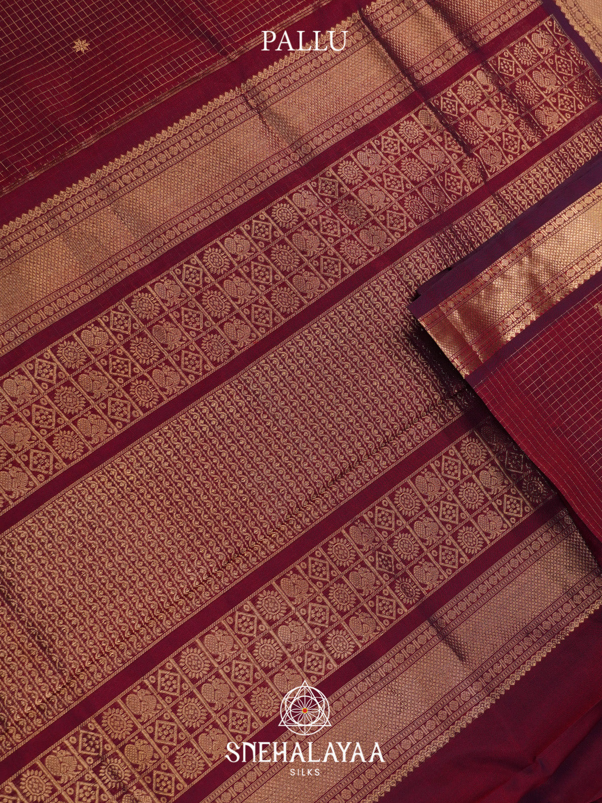 Wine Checks Silk Cotton Saree with Gold Zari Border