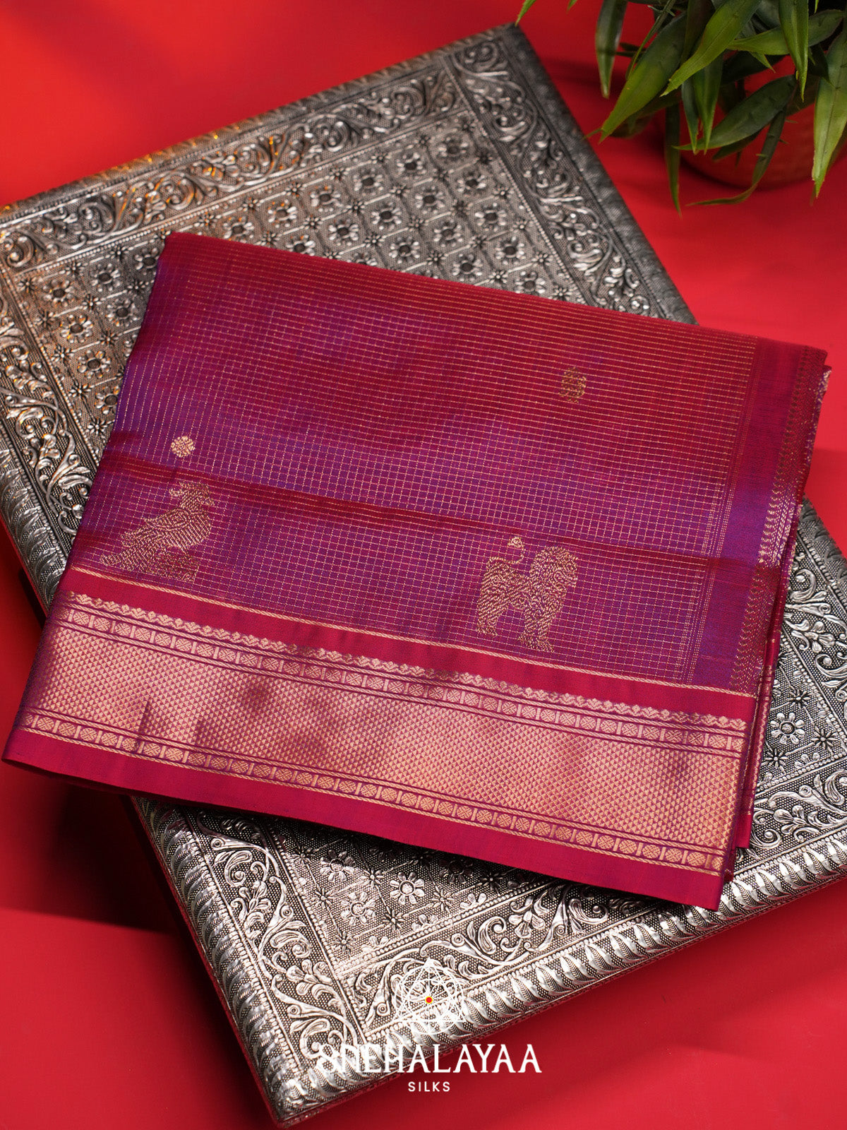 Magenta Checks Silk Cotton Saree with Gold Zari Border
