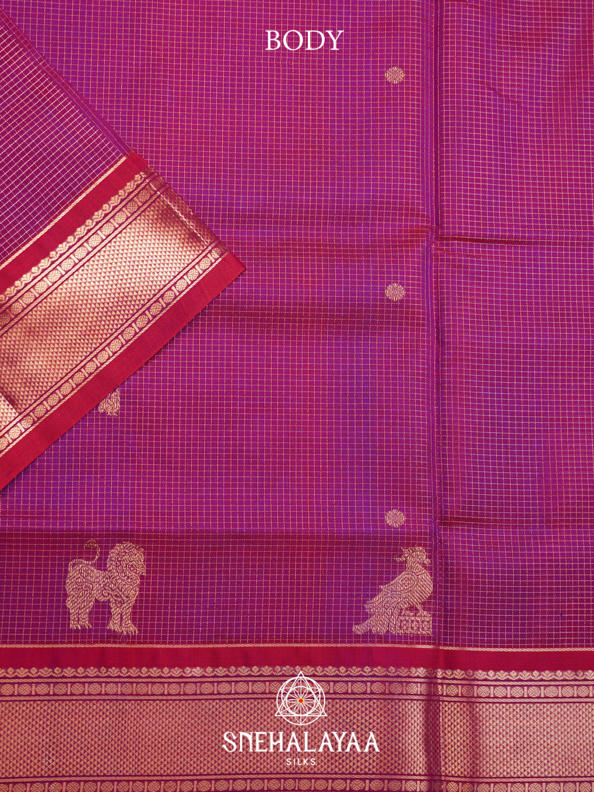 Magenta Checks Silk Cotton Saree with Gold Zari Border
