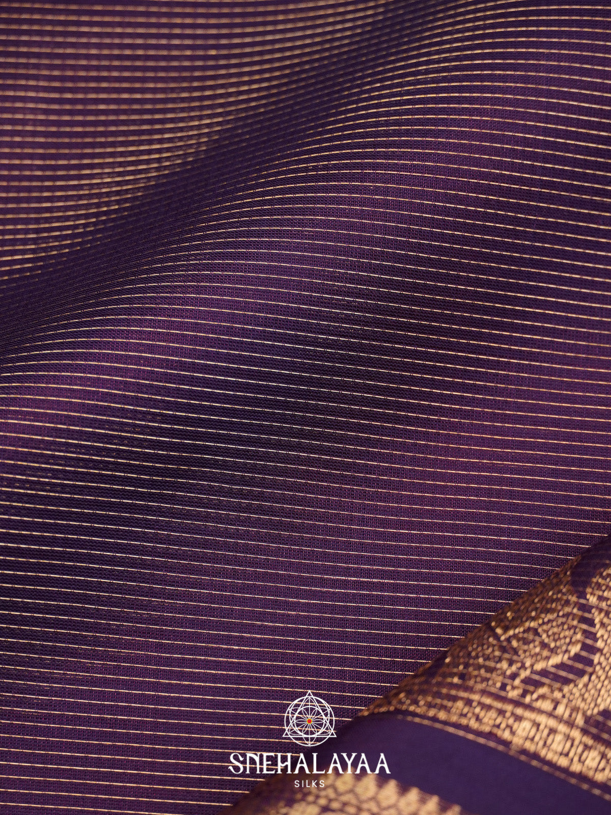 Purple Striped Silk Cotton Saree with Gold Zari Border