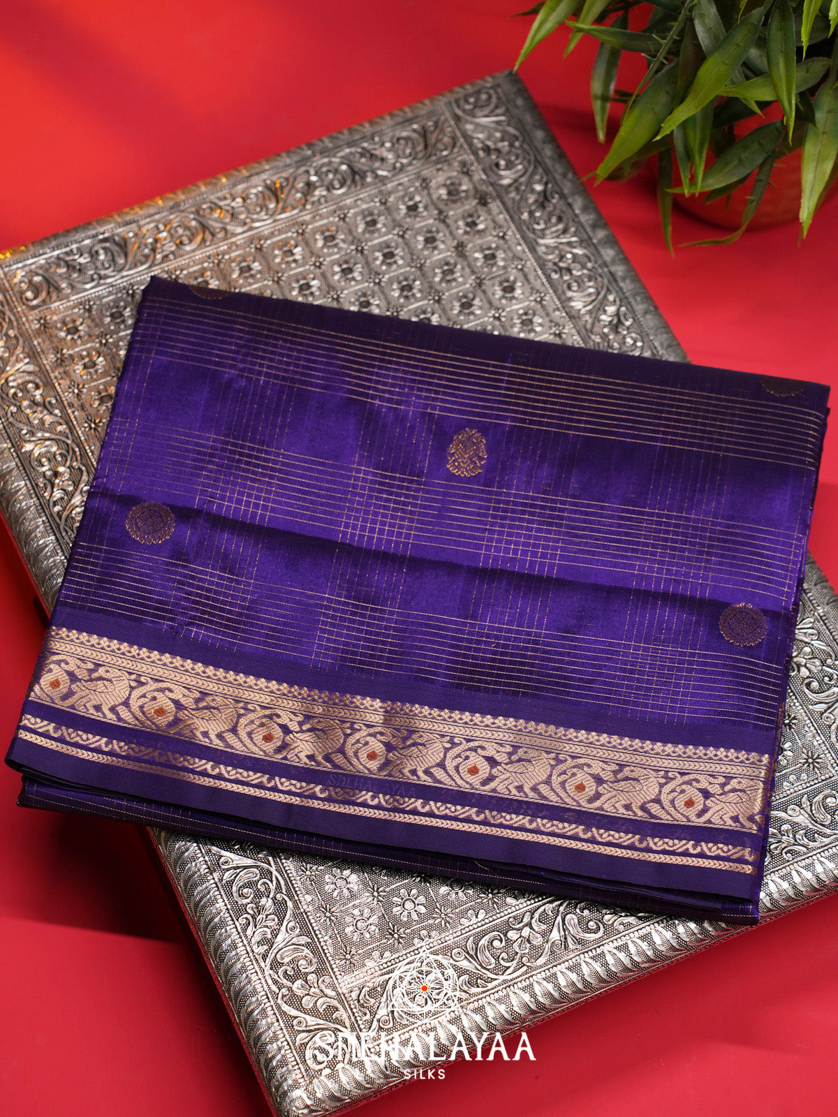 Royal Purple Checks Silk Cotton Saree with Gold Zari Border