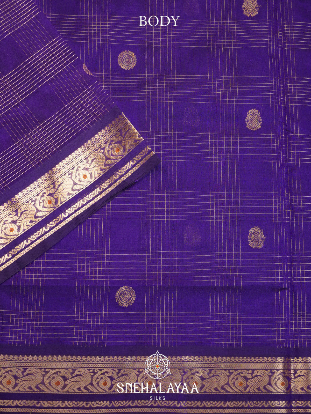 Royal Purple Checks Silk Cotton Saree with Gold Zari Border