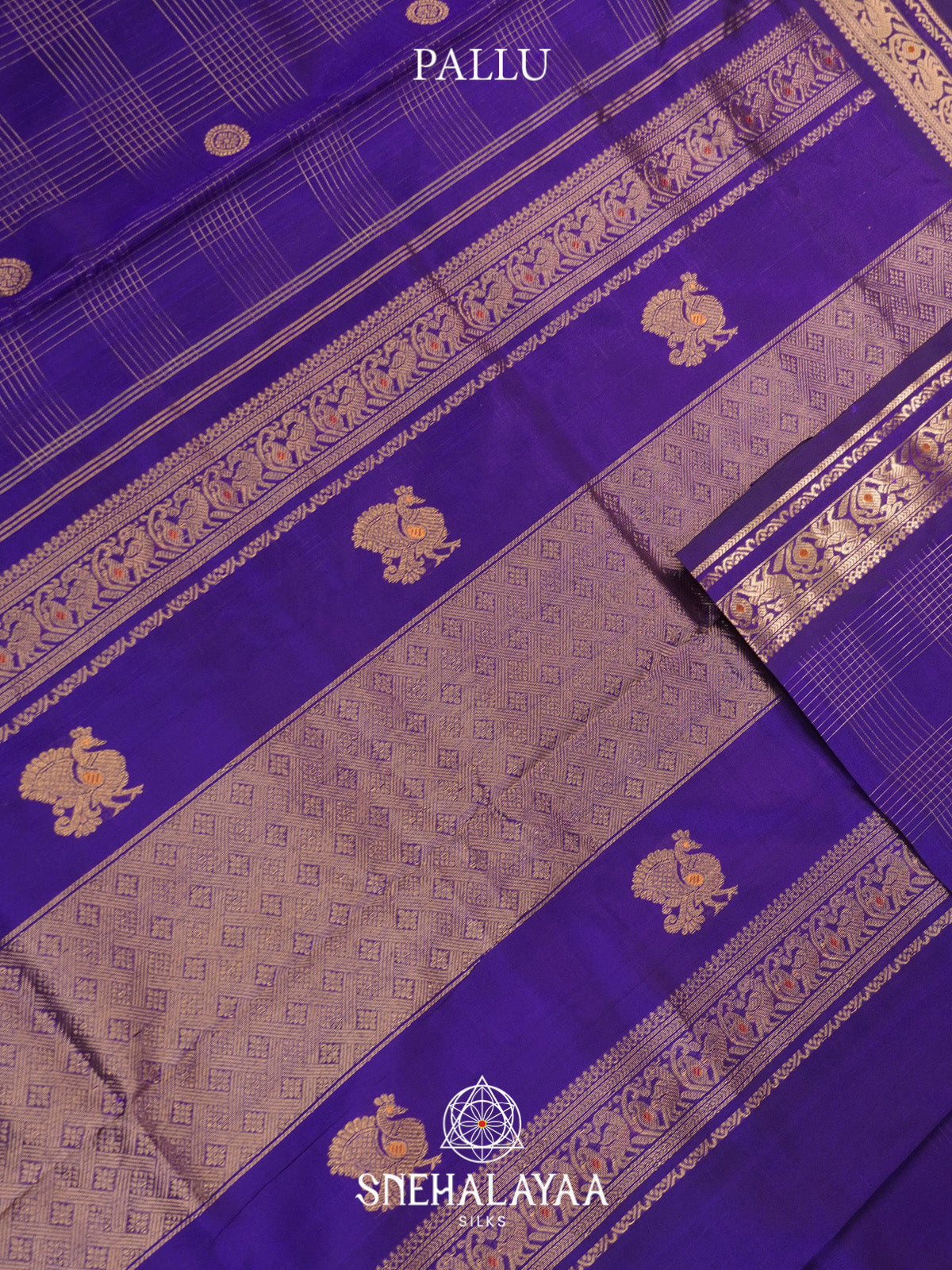 Royal Purple Checks Silk Cotton Saree with Gold Zari Border