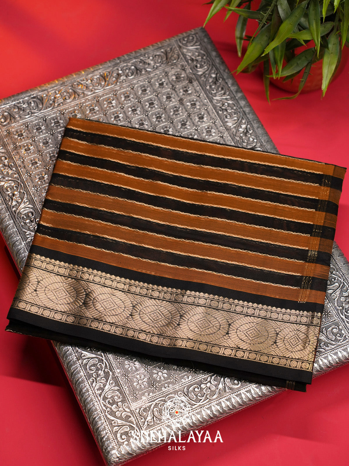 Black and Rust  Striped Silk Cotton Saree with Gold Zari Border