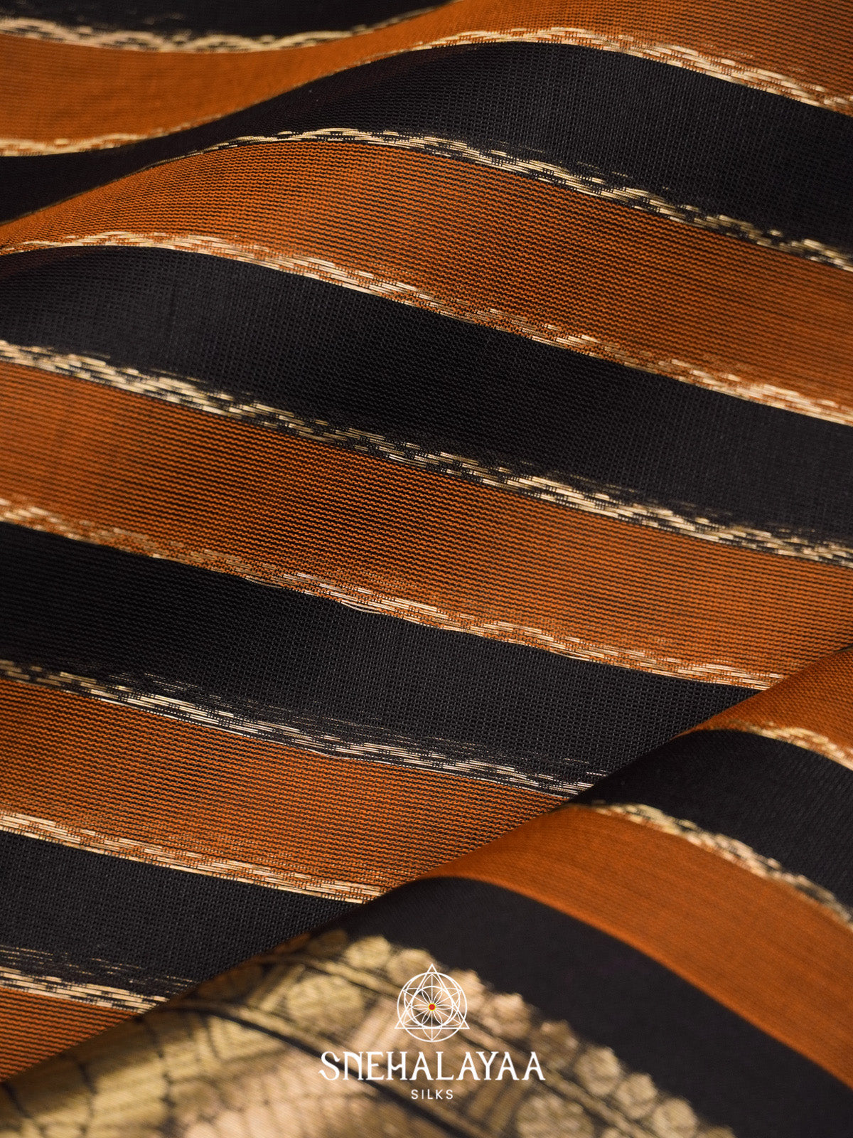 Black and Rust  Striped Silk Cotton Saree with Gold Zari Border