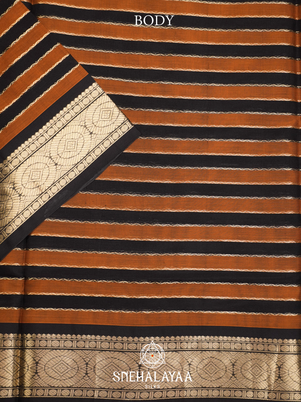 Black and Rust  Striped Silk Cotton Saree with Gold Zari Border
