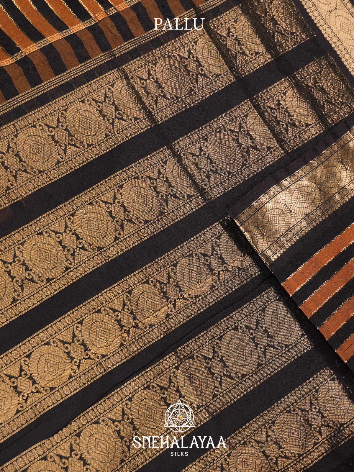 Black and Rust  Striped Silk Cotton Saree with Gold Zari Border