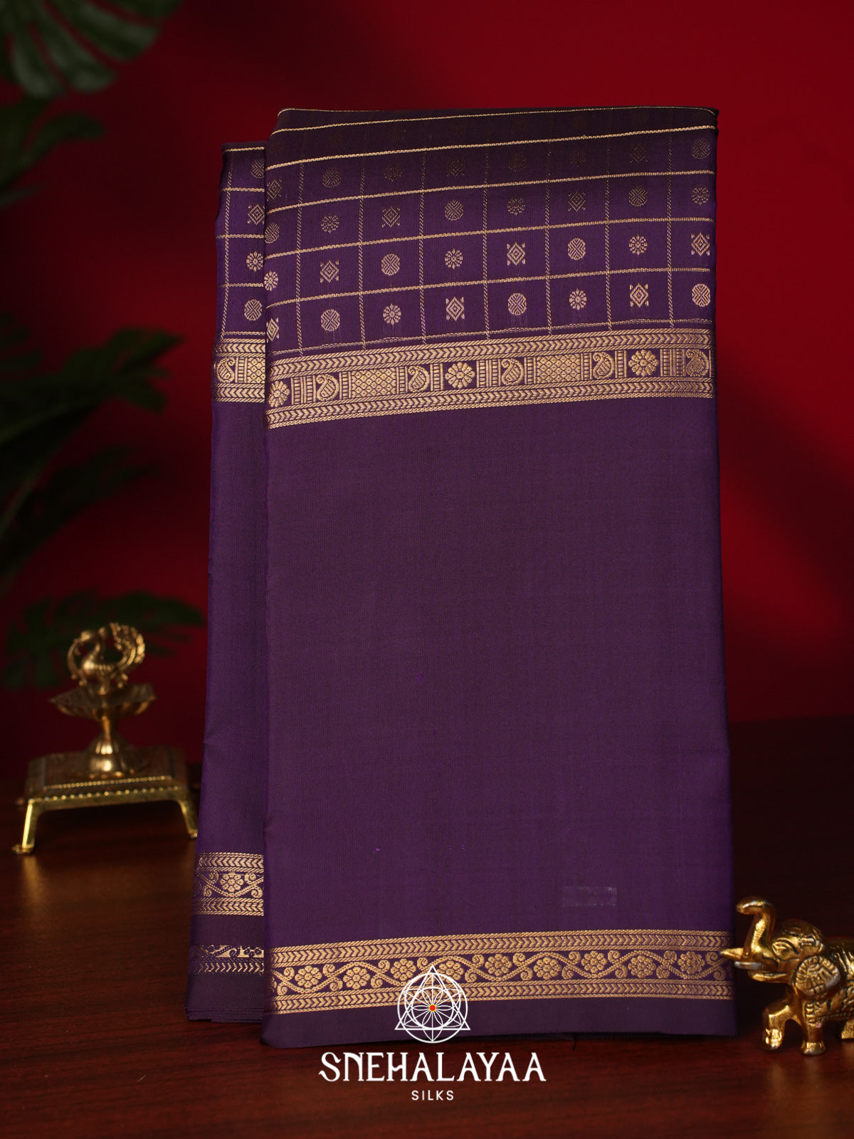 Purple Kanjivaram Silk Saree with Gold Zari Checks