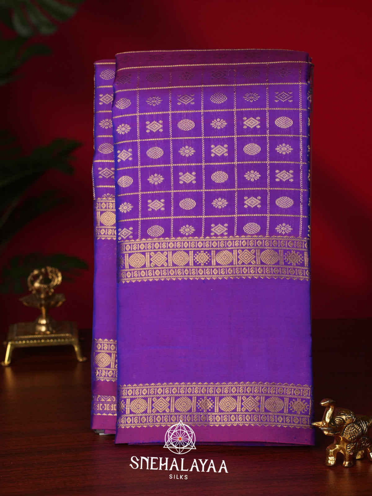 Purple Kanjivaram Silk Saree with Gold Zari Checks and Buttas