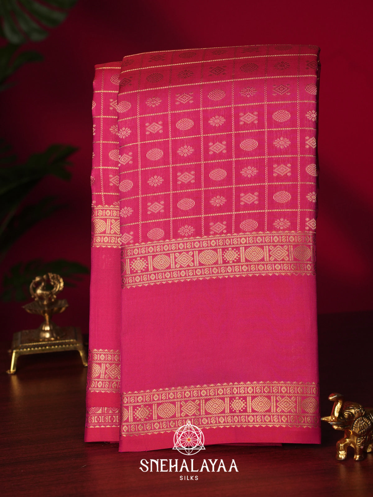 Pink Kanjivaram Silk Saree with Gold Zari Checks and Buttas
