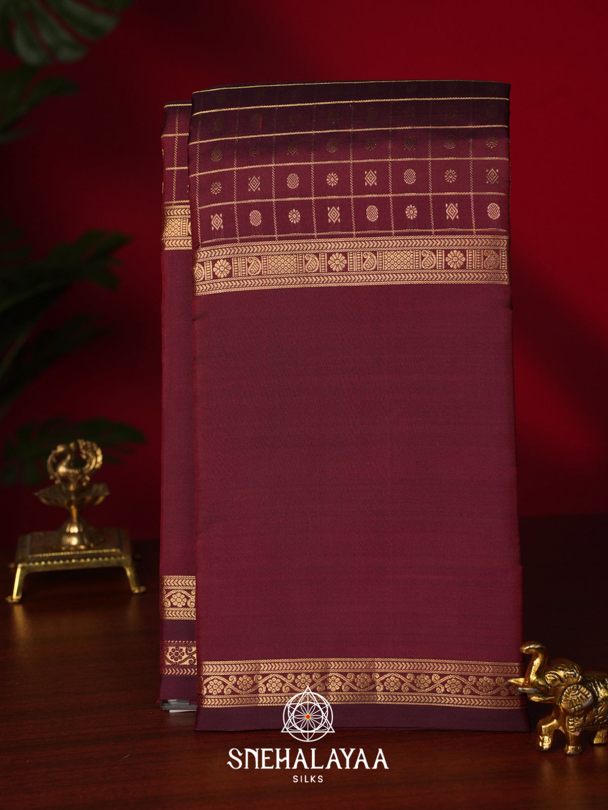 Maroon Kanjivaram Silk Saree with Gold Zari Checks and Buttas