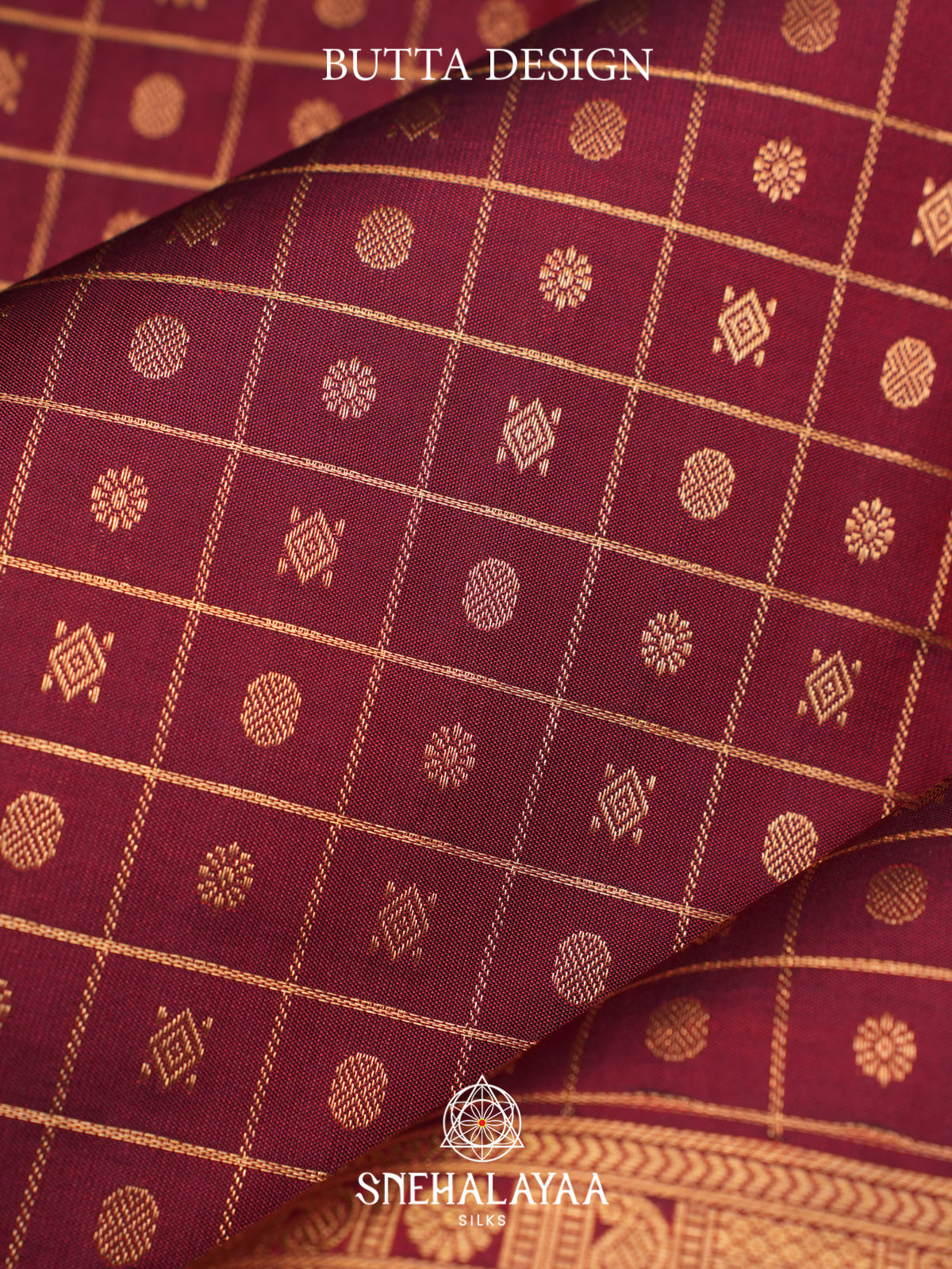 Maroon Kanjivaram Silk Saree with Gold Zari Checks and Buttas