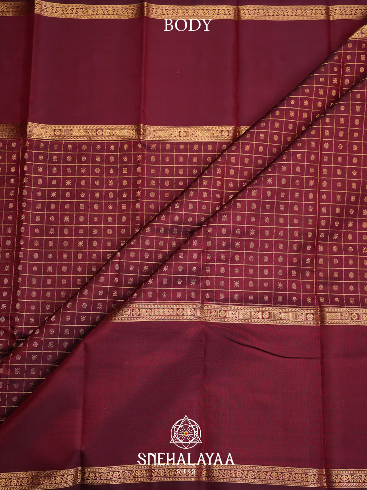 Maroon Kanjivaram Silk Saree with Gold Zari Checks and Buttas