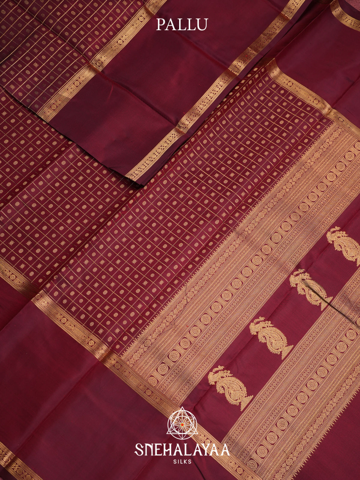 Maroon Kanjivaram Silk Saree with Gold Zari Checks and Buttas