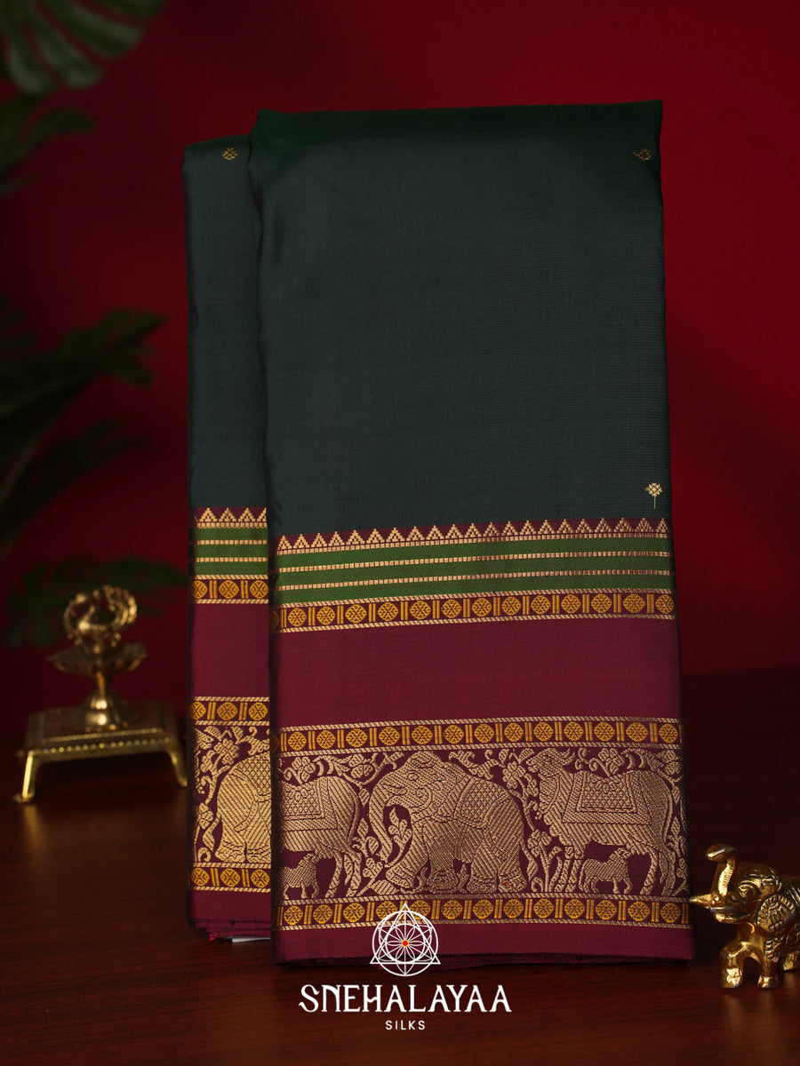 Forest Green Kanjivaram Silk Saree with Rishaba Kunjaram Pallu