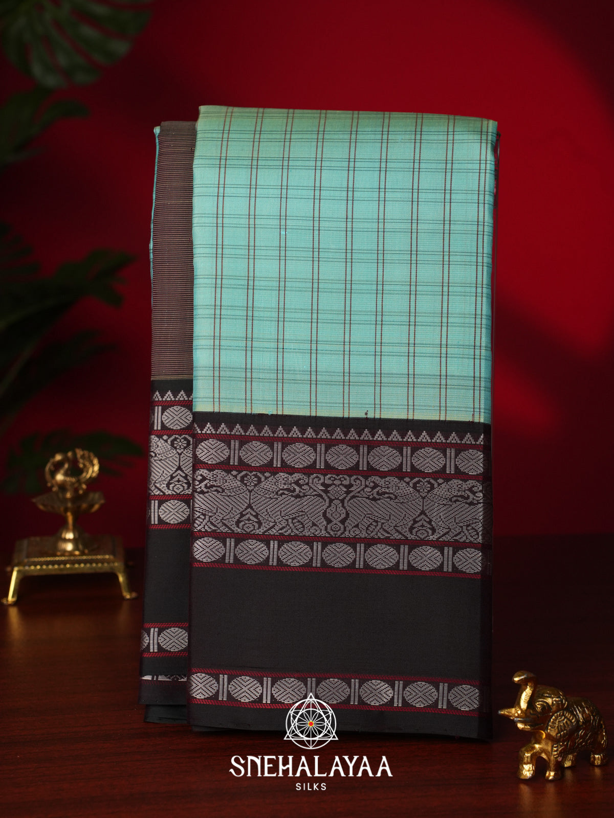 Aqua Blue Checked Kanjivaram Silk Saree
