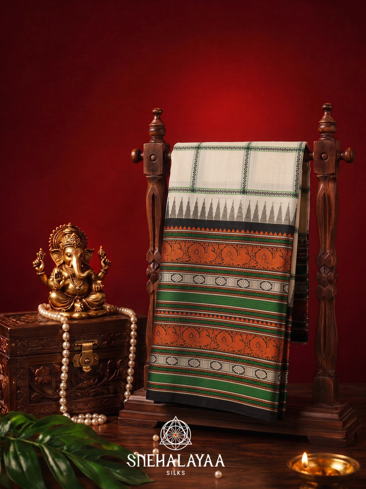 Ivory Kanjivaram Silk Saree with Checks & Multicolour Border