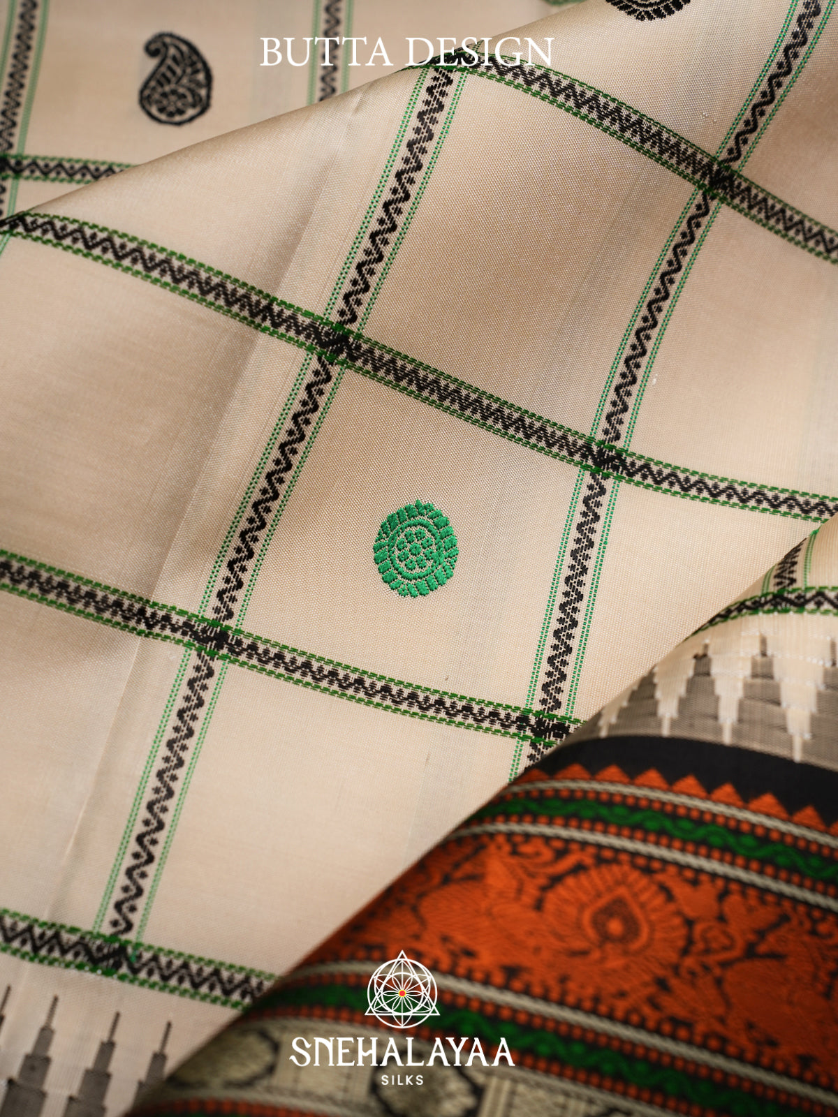 Ivory Kanjivaram Silk Saree with Checks & Multicolour Border