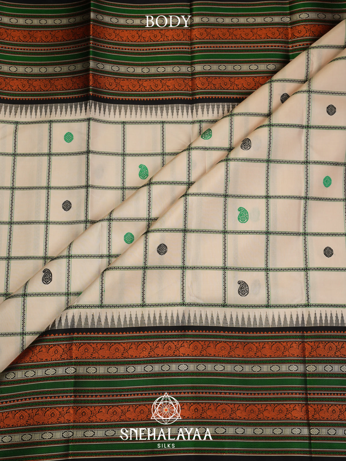 Ivory Kanjivaram Silk Saree with Checks & Multicolour Border