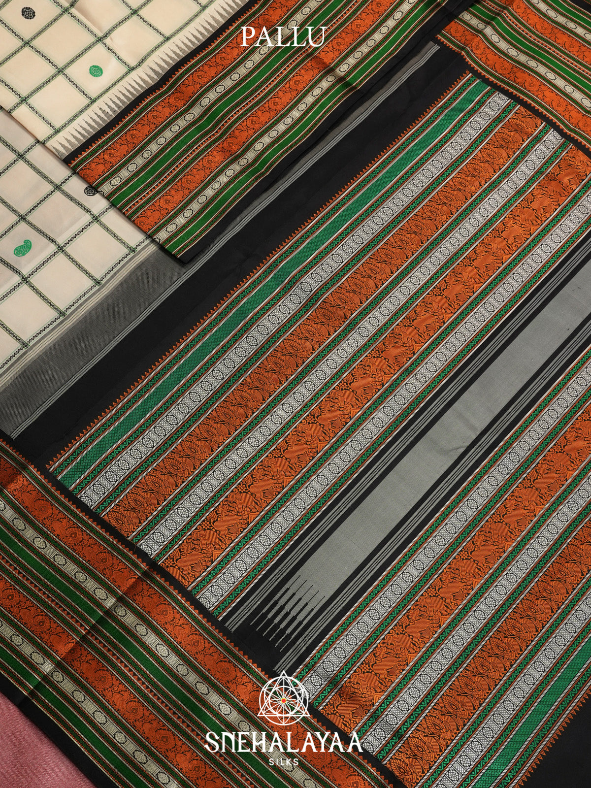 Ivory Kanjivaram Silk Saree with Checks & Multicolour Border