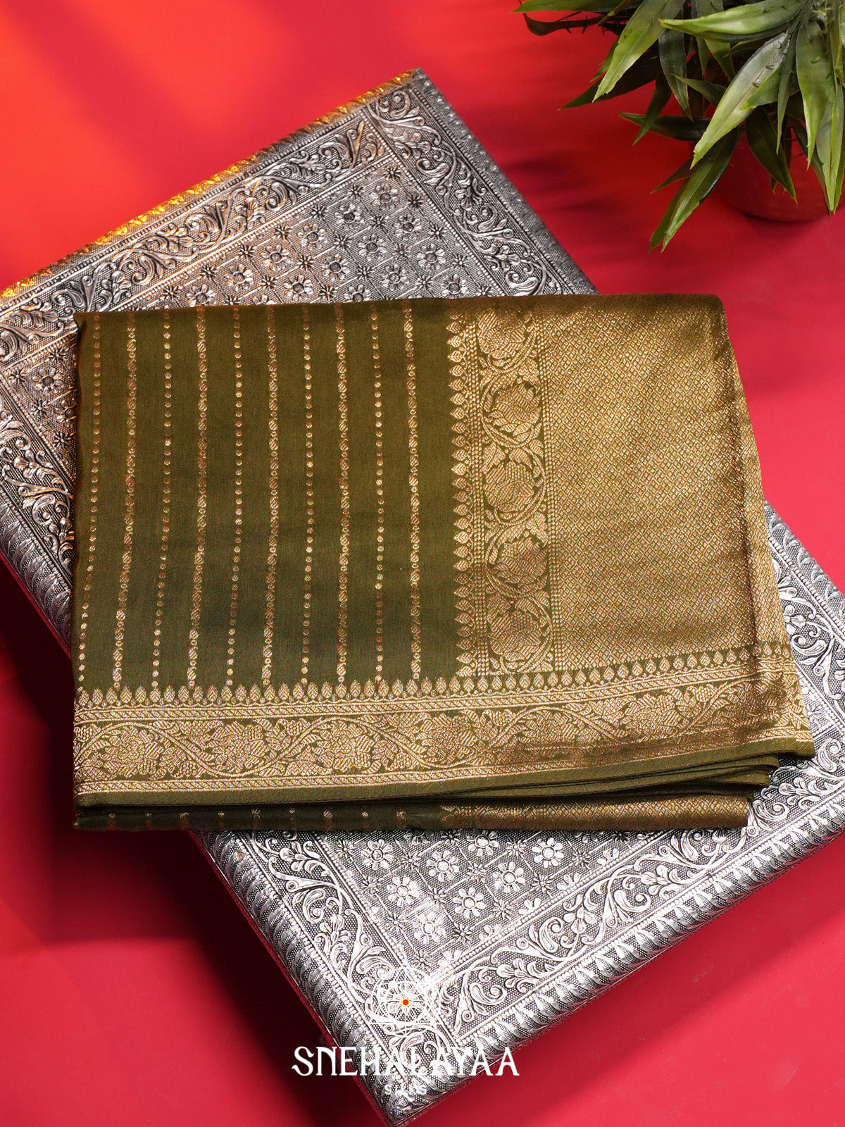 Olive Green Banaras Saree