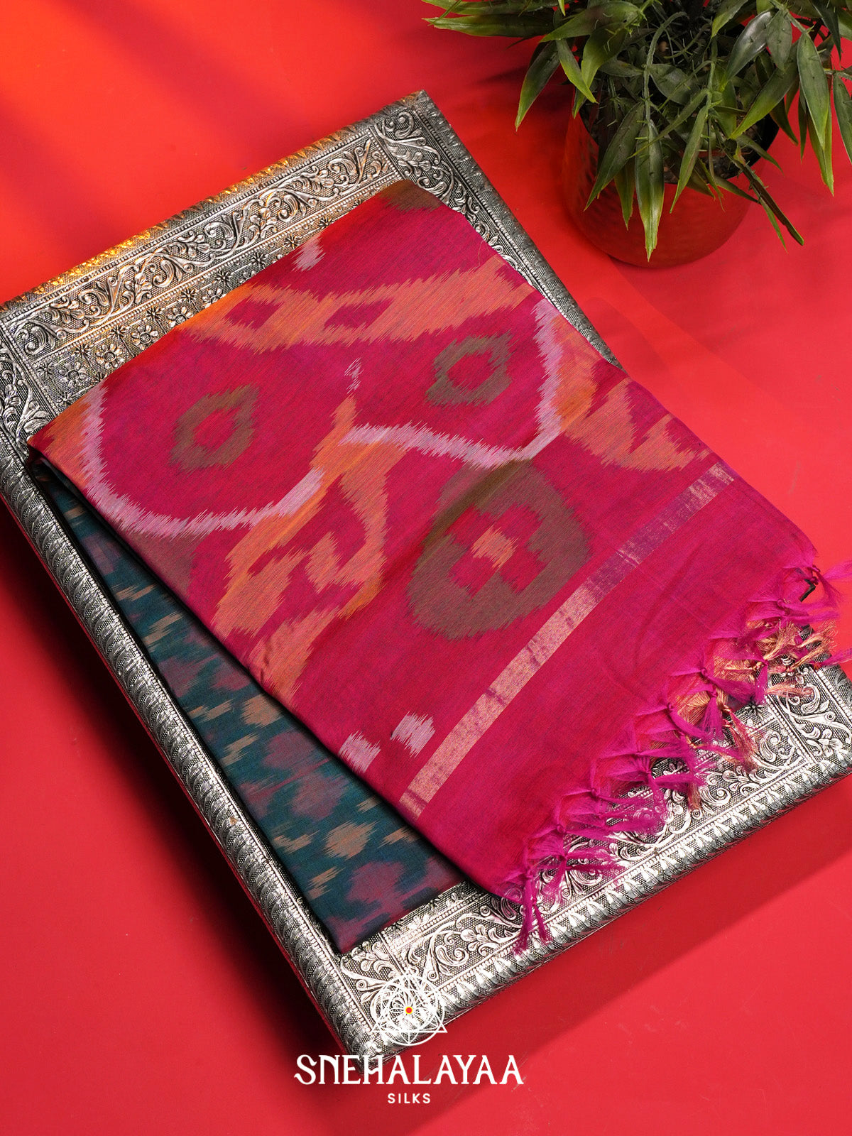 Peacock Blue Ikat Silk Cotton Saree