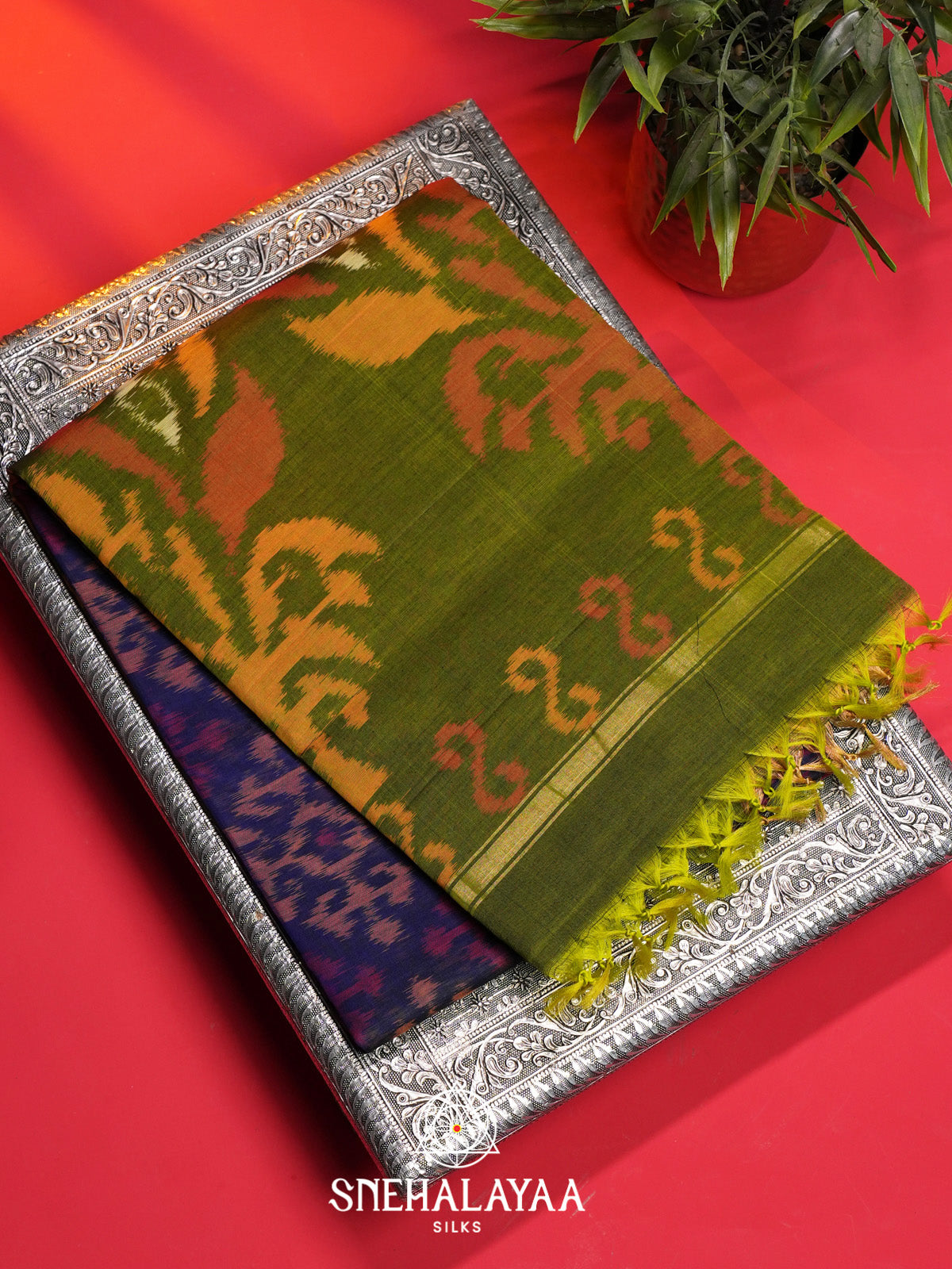 Navy Blue Ikat Silk Cotton Saree