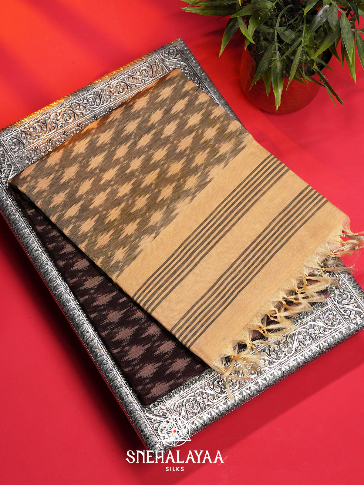 Coffee Brown Ikat Silk Cotton Saree