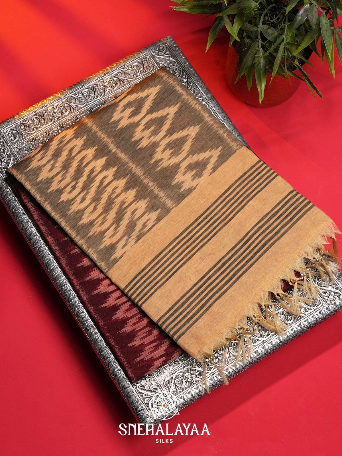 Maroon Ikat Silk Cotton Saree