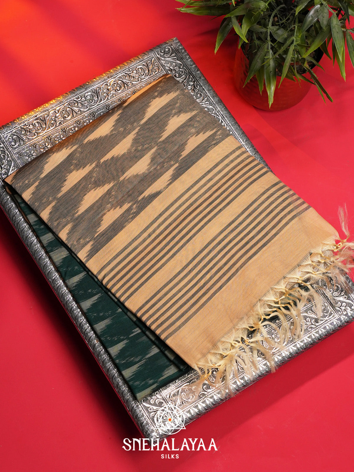 Forest Green Ikat Silk Cotton Saree