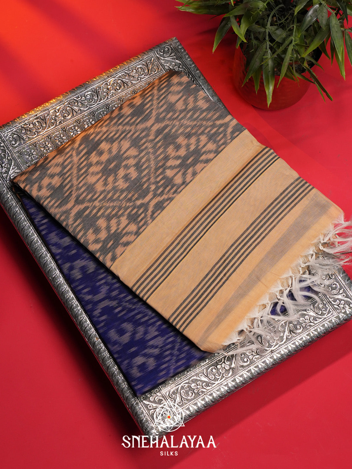 Ink Blue Ikat Silk Cotton Saree