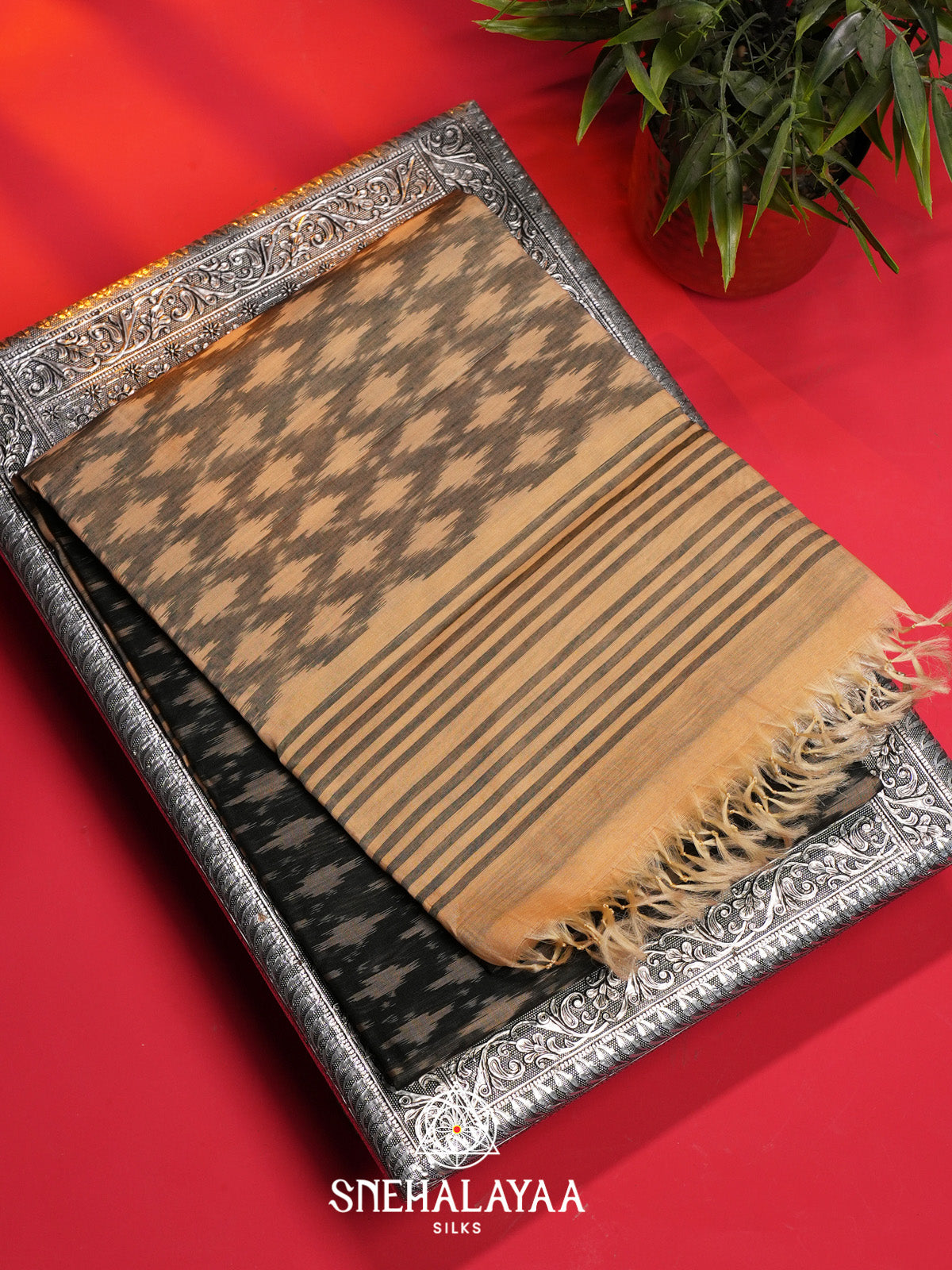 Charcol Black Ikat Silk Cotton Saree