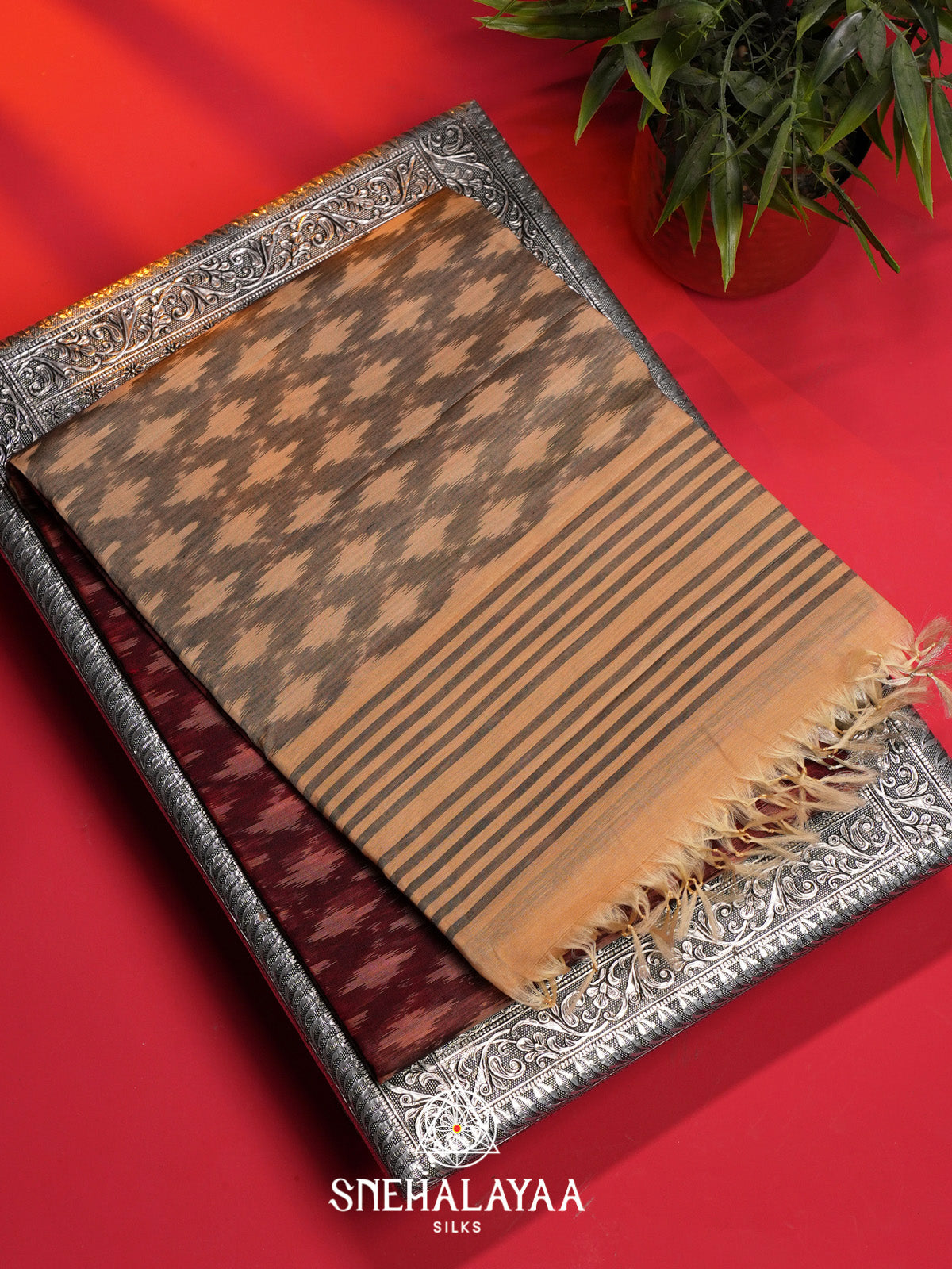 Maroon Ikat Silk Cotton Saree