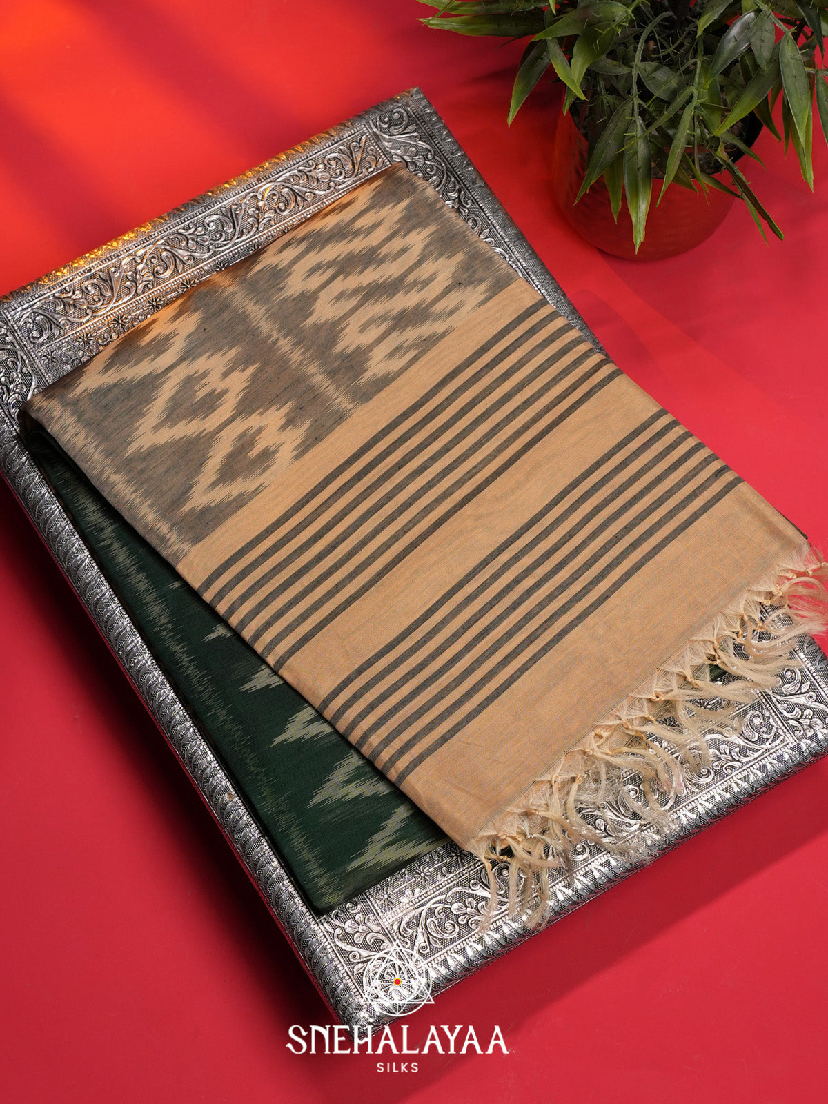 Forest Green Ikat Silk Cotton Saree