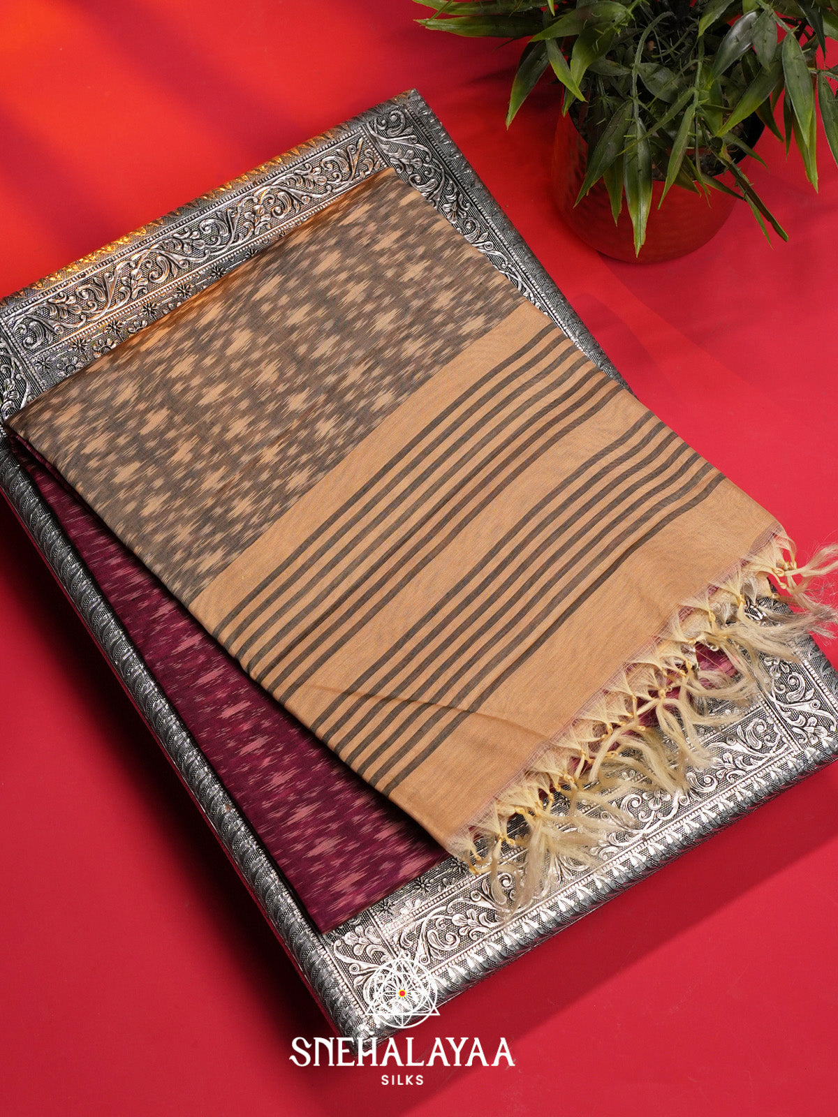Maroon Ikat Silk Cotton Saree