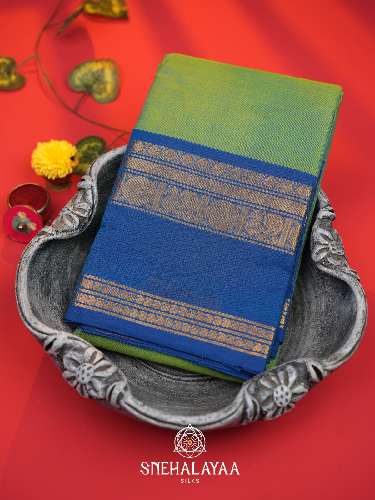 Olive Green Chettinad Cotton Saree